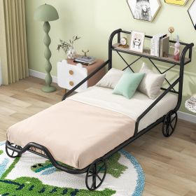 Twin Size Metal Car Bed with Four Wheels, Guardrails and X-Shaped Frame Shelf, Black(Old SKU: MF297599AAB)