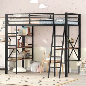 Twin Size Metal Loft Bed with Shelves and Desk, Black (Old SKU: MF297077AAB)