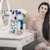 Rotating Makeup Organizer Clear Cosmetic Storage Rack Transparent Jewelry Display Box Case with 4 Trays One 17 Slot Top Shelf