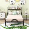 Twin Size Metal Car Bed with Four Wheels, Guardrails and X-Shaped Frame Shelf, Black(Old SKU: MF297599AAB)