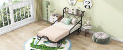 Twin Size Metal Car Bed with Four Wheels, Guardrails and X-Shaped Frame Shelf, Black(Old SKU: MF297599AAB)