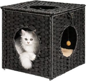 Mewoofun Handmade Cat Supplies Cat House for Indoor Woven Rattan Designed Pets (Color: BLACK)