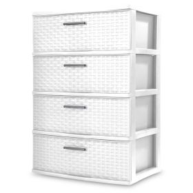 4 Drawer Wide Weave Tower Decoration Storage Cabinet (Color: White)