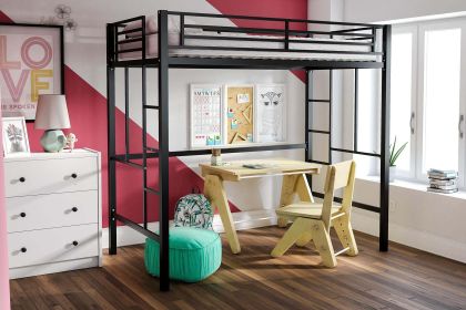 Brittain Twin Metal Loft Bed, Black (Color: Silver)